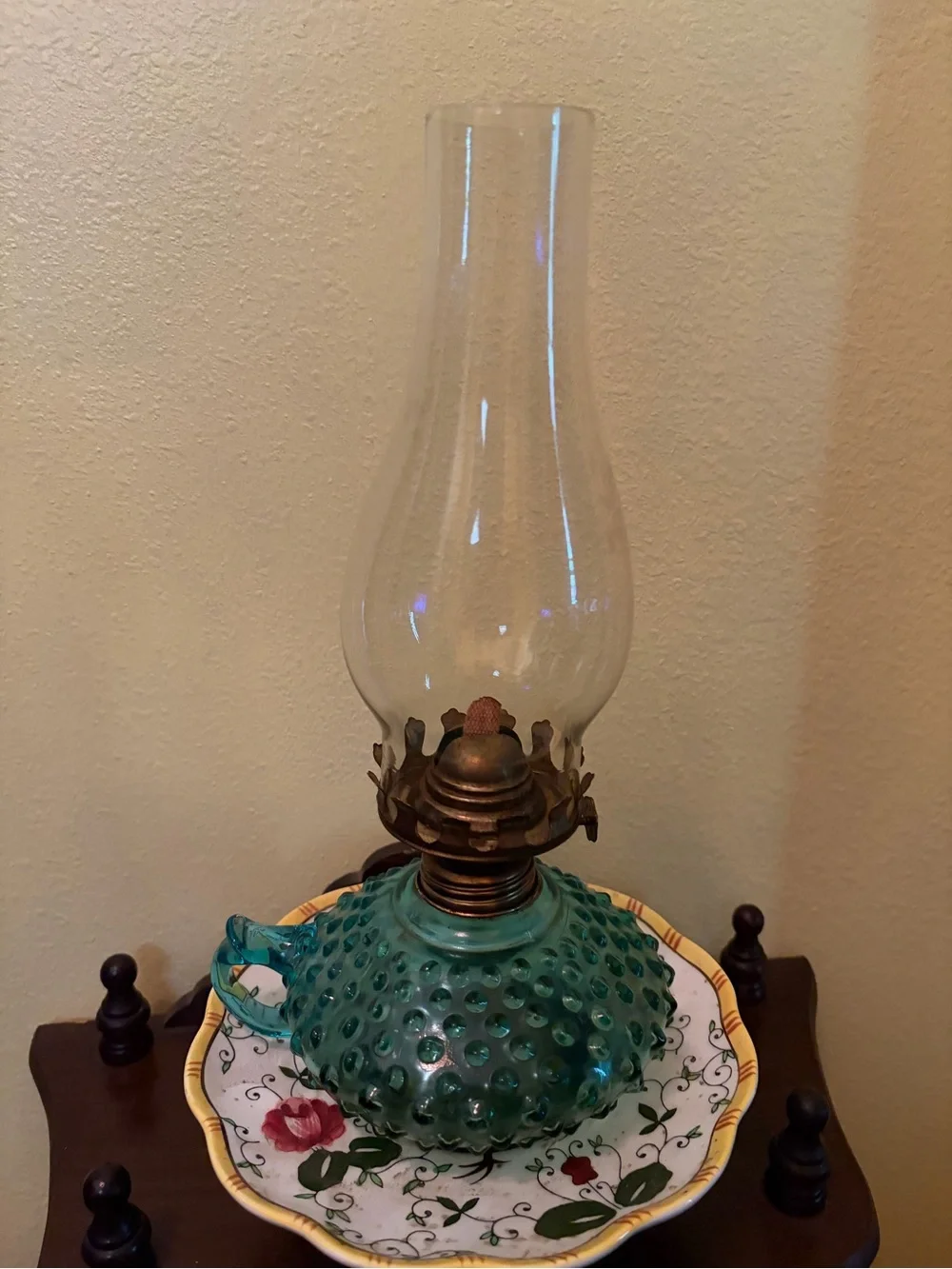 Vintage Green Hobnail Glass Oil Lamp - Teal Accent